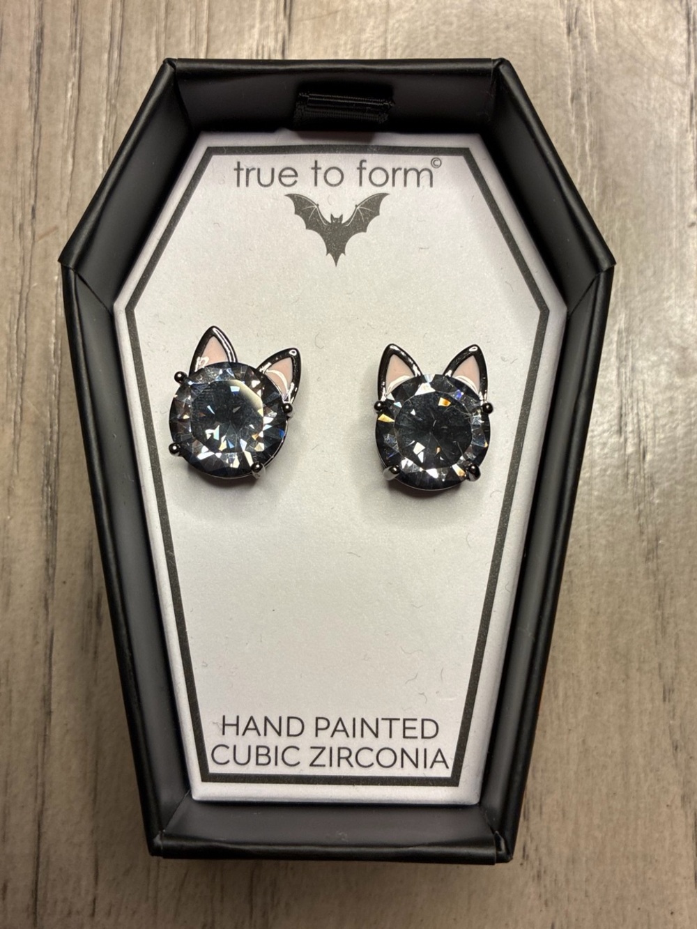 True to Form Diamond Stud Black Cat Earrings With Pink Ears.